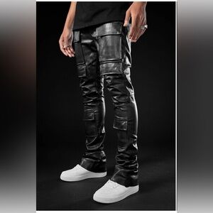 Black Faux Leather Cargo Pants- Jordan Craig